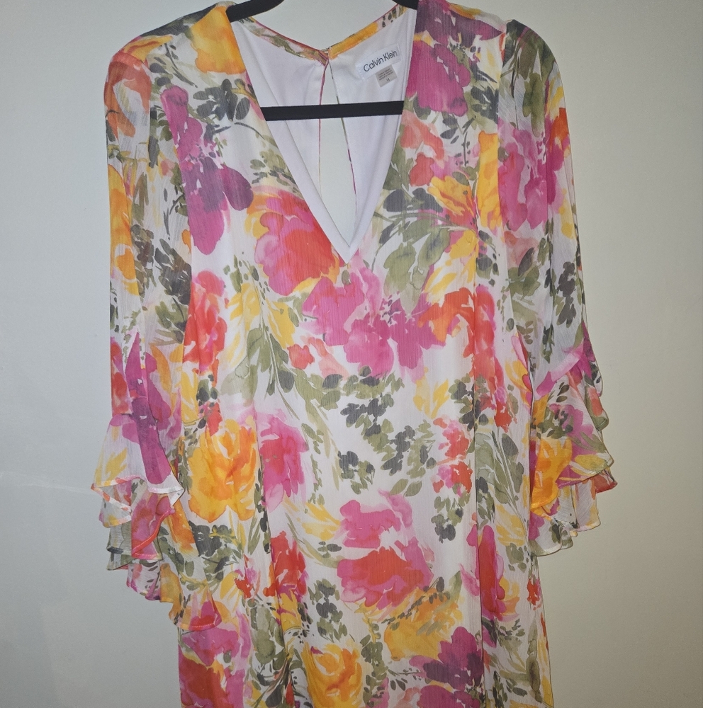 Calvin Klein Floral Dress with Pink and Orange Accents